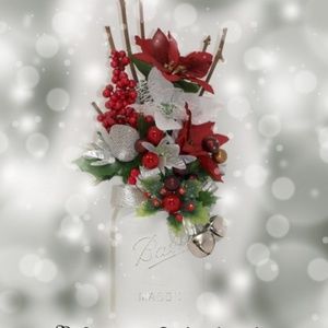 Holiday Ball Mason Jar Floral Arrangement Centerpiece, Poinsettia Flowers